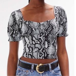 Urban Outfitters Cassia Snakeskin Print Puff Sleeve Tie Front Smocked Crop Top S